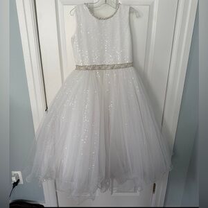 JOAN CALABRESE BY MON CHERI White Organza All Over Sequin A Line Dress Sz 8 Veil